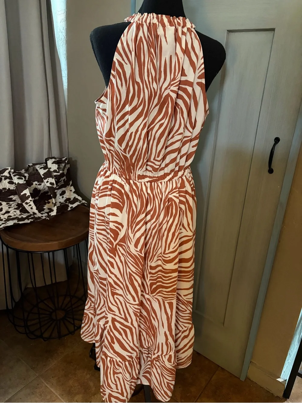 Nine West Cream & Rust Zebra-Print Halter Midi Dress